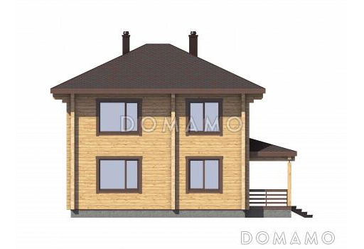 Проект двухэтажного дома из бруса с 4 спальнями и крыльцом-террасой / Фасад 2