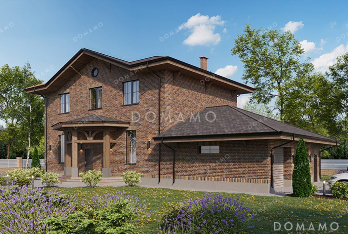 Проект двухэтажного дома с большой гостиной и гаражом на два автомобиля Проект двухэтажного дома с большой гостиной и гаражом на два автомобиля