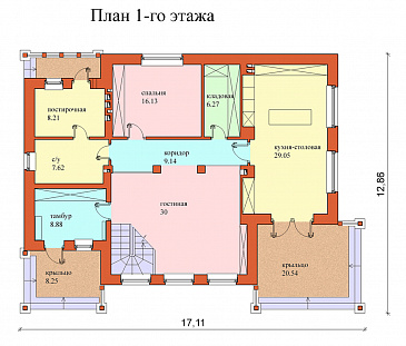 Проект одноэтажного дома с мансардным этажом и двумя балконами / План 1 этажа