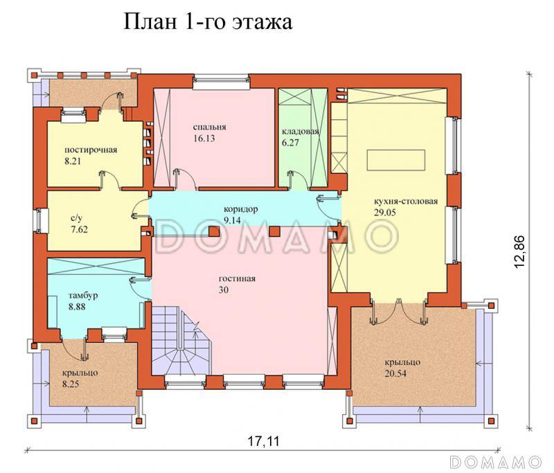 Проект одноэтажного дома с мансардным этажом и двумя балконами / План 1 этажа