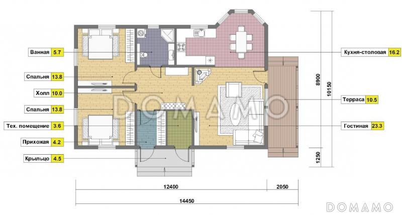 Проект одноэтажного каркасного дома с эркером и небольшой крытой террасой / План 1 этажа