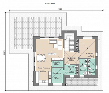 Проект загородного дома с просторной кухней-гостиной, кабинетом и сауной на втором этаже / План 1 этажа Проект загородного дома с просторной кухней-гостиной, кабинетом и сауной на втором этаже / План 1 этажа