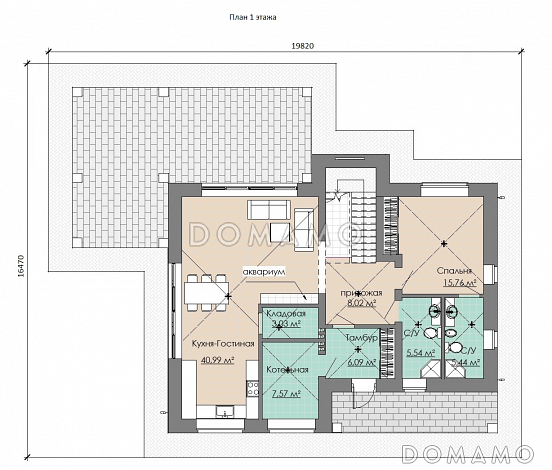 Проект загородного дома с просторной кухней-гостиной, кабинетом и сауной на втором этаже / План 1 этажа Проект загородного дома с просторной кухней-гостиной, кабинетом и сауной на втором этаже / План 1 этажа