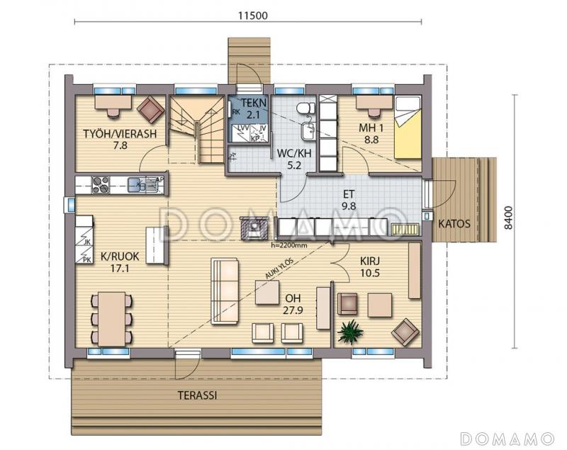 Проект каркасного дома с открытой террасой / План 1 этажа