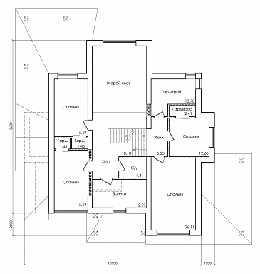 Проект особняка в трех уровнях, с комнатой отдыха на чердаке, с мастерской, гаражом и навесом под автомобиль / План 2 этажа Проект особняка в трех уровнях, с комнатой отдыха на чердаке, с мастерской, гаражом и навесом под автомобиль / План 2 этажа