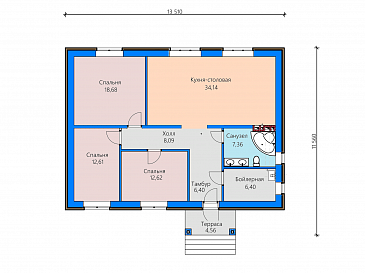 Проект загородного дома из газобетона с большой кухней-столовой, тремя спальнями / План 1 этажа Проект загородного дома из газобетона с большой кухней-столовой, тремя спальнями / План 1 этажа