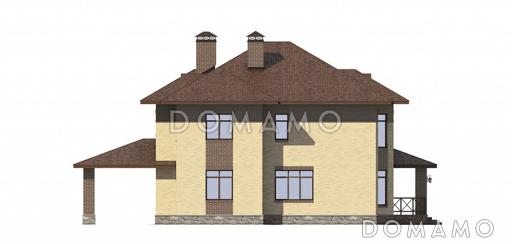 Проект коттеджа из кирпича с двуцветной облицовкой и хозяйским санузлом / Фасад слева