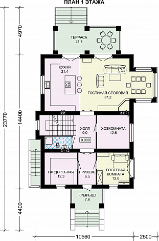 Проект дома из газобетона с просторным балконом на втором этаже / План 1 этажа