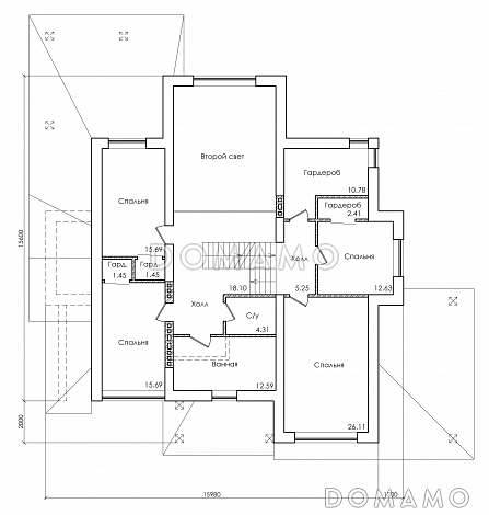 Проект особняка в трех уровнях, с комнатой отдыха на чердаке, с мастерской, гаражом и навесом под автомобиль / План 2 этажа Проект особняка в трех уровнях, с комнатой отдыха на чердаке, с мастерской, гаражом и навесом под автомобиль / План 2 этажа
