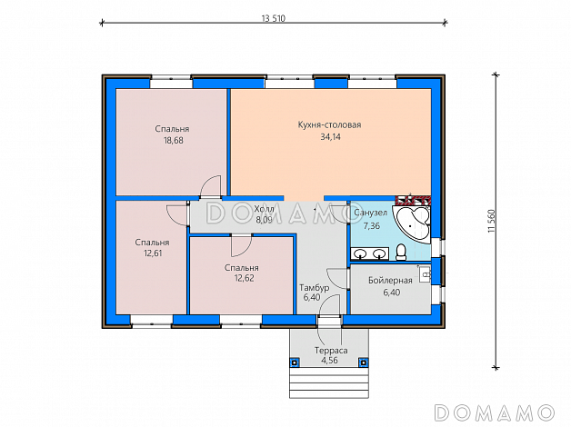 Проект загородного дома из газобетона с большой кухней-столовой, тремя спальнями / План 1 этажа Проект загородного дома из газобетона с большой кухней-столовой, тремя спальнями / План 1 этажа