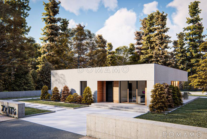 Проект одноэтажного дома с плоской крышей, террасами, большой спальней с гардеробными и ванной Проект одноэтажного дома с плоской крышей, террасами, большой спальней с гардеробными и ванной