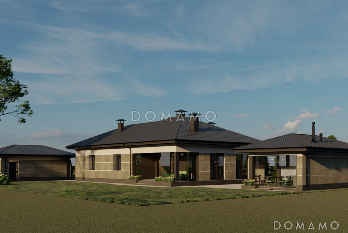 Проект одноэтажного каркасного дома с двумя спальнями, гардеробными, кладовой на кухне и крытой террасой Проект одноэтажного каркасного дома с двумя спальнями, гардеробными, кладовой на кухне и крытой террасой