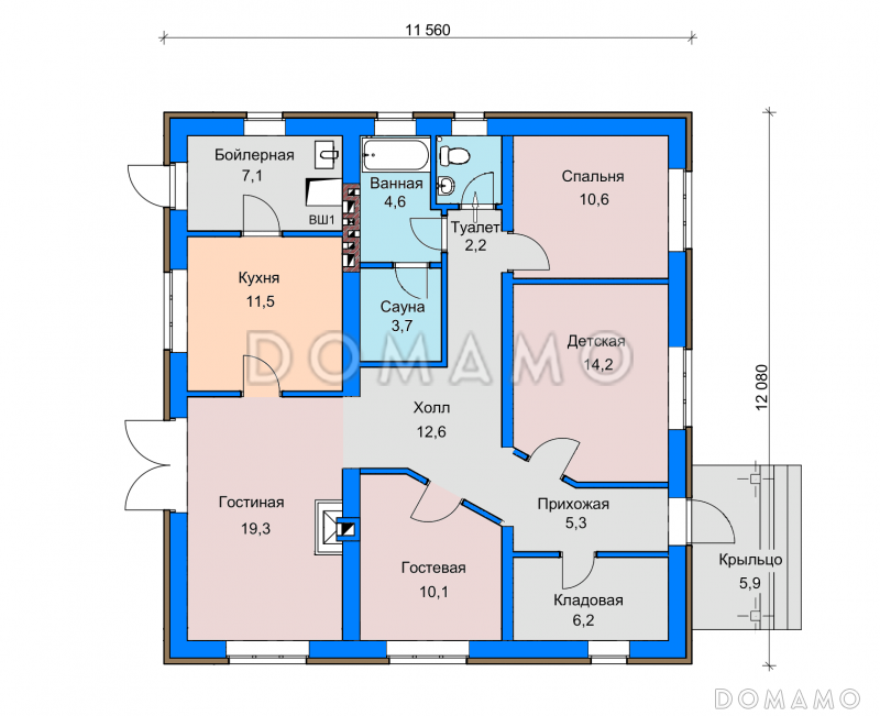 Проект дома с детской комнатой, сауной, гостиной с камином и выходом во двор / План 1 этажа