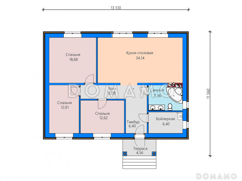 Проект загородного дома из газобетона с большой кухней-столовой, тремя спальнями / План 1 этажа