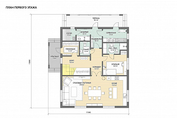 Проект двухэтажного дома из газобетона с 5 спальнями, сауной и большим балконом / План 1 этажа