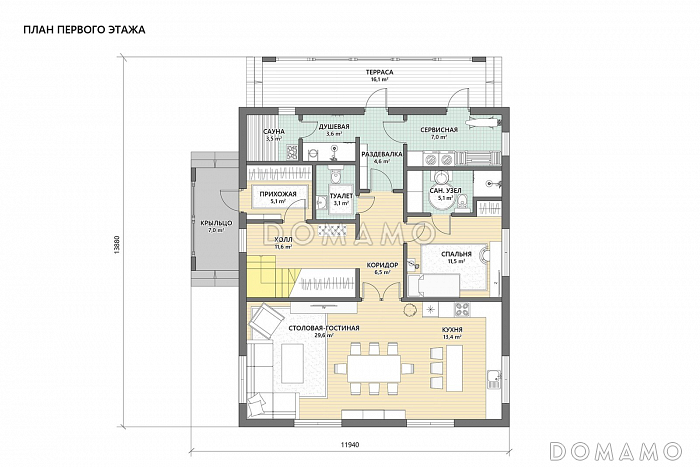 Проект двухэтажного дома из газобетона с 5 спальнями, сауной и большим балконом / План 1 этажа