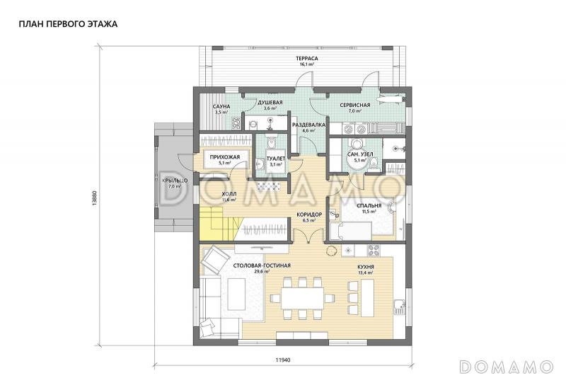 Проект двухэтажного дома из газобетона с 5 спальнями, сауной и большим балконом / План 1 этажа