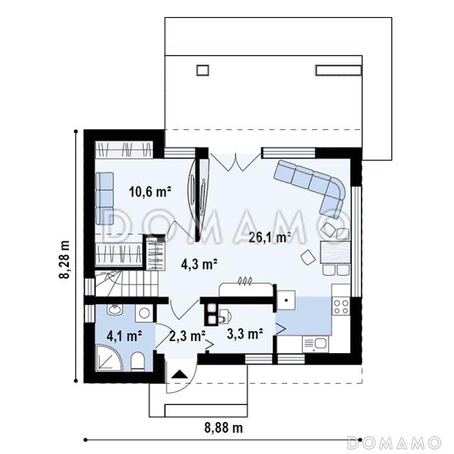 Проект одноэтажного мансардного дома из кирпича с большой площадью остекления в гостиной / План 1 этажа