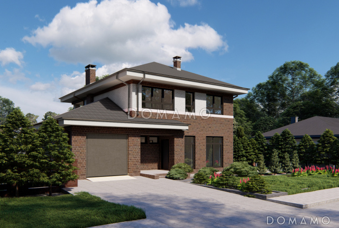 Проект двухэтажного дома с кухней с выходом на террасу и в гараж, кабинетом