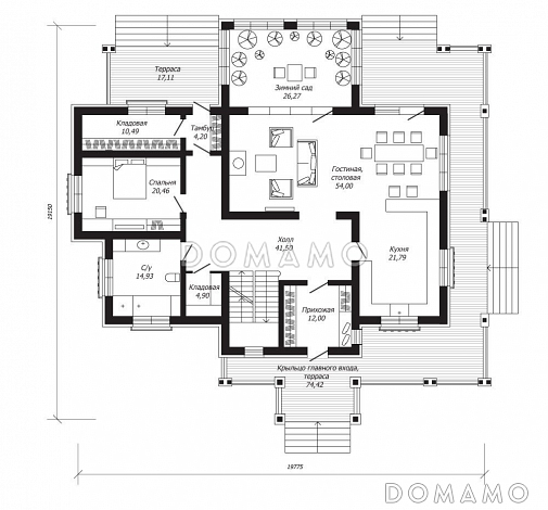 Проект двухэтажного дома из клееного бруса с зимним садом / План 1 этажа Проект двухэтажного дома из клееного бруса с зимним садом / План 1 этажа