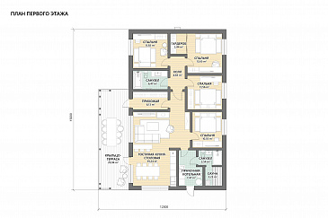 Проект одноэтажного дома с 4 спальнями и просторной гостиной-кухней-столовой / План 1 этажа