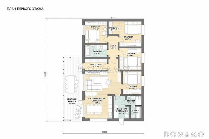 Проект одноэтажного дома с 4 спальнями и просторной гостиной-кухней-столовой / План 1 этажа