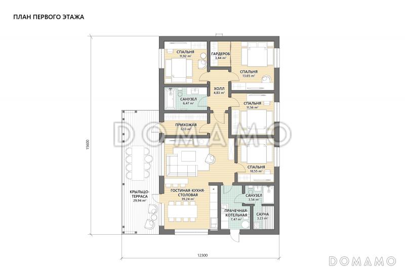 Проект одноэтажного дома с 4 спальнями и просторной гостиной-кухней-столовой / План 1 этажа
