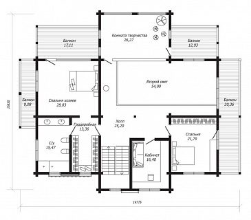 Проект двухэтажного дома из клееного бруса с зимним садом / План 2 этажа Проект двухэтажного дома из клееного бруса с зимним садом / План 2 этажа