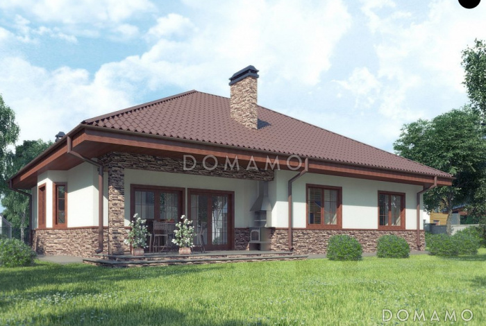 Проект загородного дома с кладовой в кухне, эркером, террасой, балконом