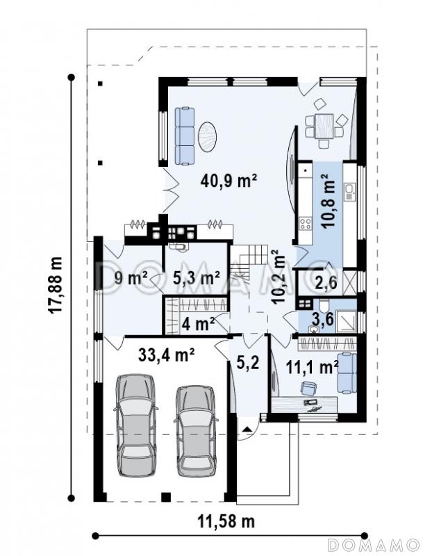 Проект двухэтажного дома из кирпича в стиле шале со вторым светом, четырьмя комнатами и гаражом / План 1 этажа