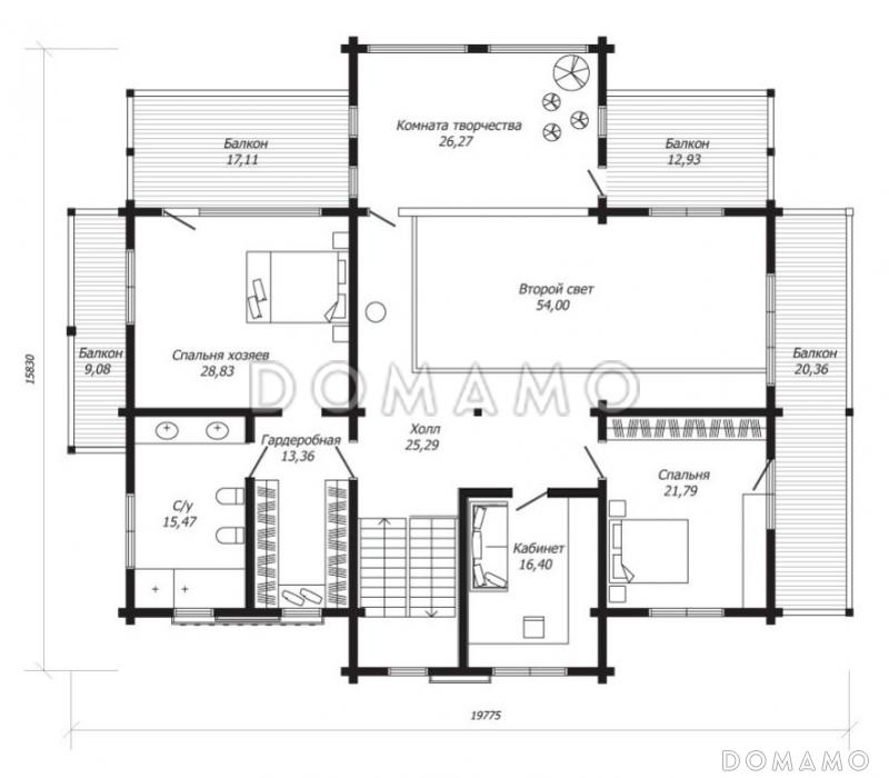 Проект двухэтажного дома из клееного бруса с зимним садом / План 2 этажа