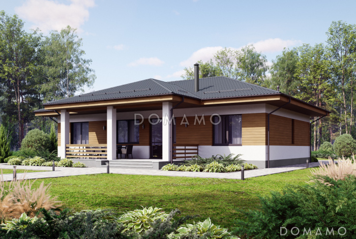 Проект одноэтажного дома из газобетона с 4 комнатами и 3 санузлами и крытой террасой