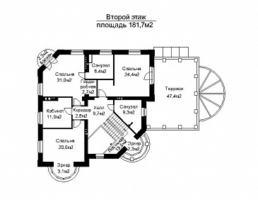 Проект дома с открытой террасой главного входа и пристроенным бассейном   / План 2 этажа Проект дома с открытой террасой главного входа и пристроенным бассейном   / План 2 этажа