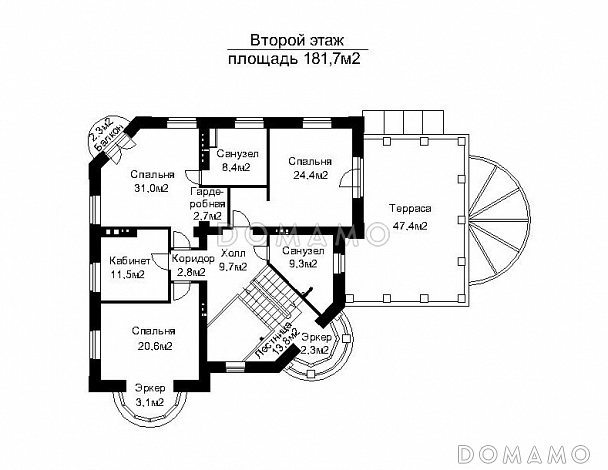 Проект дома с открытой террасой главного входа и пристроенным бассейном   / План 2 этажа Проект дома с открытой террасой главного входа и пристроенным бассейном   / План 2 этажа