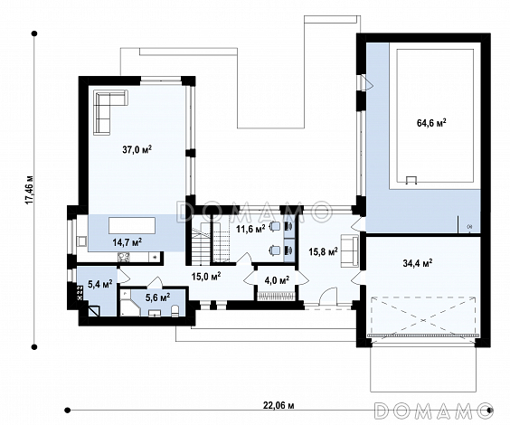Проект двухэтажного дома с эксплуатируемой кровлей, гаражом, большой прихожей, светлой гостиной, кабинетом / План 1 этажа Проект двухэтажного дома с эксплуатируемой кровлей, гаражом, большой прихожей, светлой гостиной, кабинетом / План 1 этажа