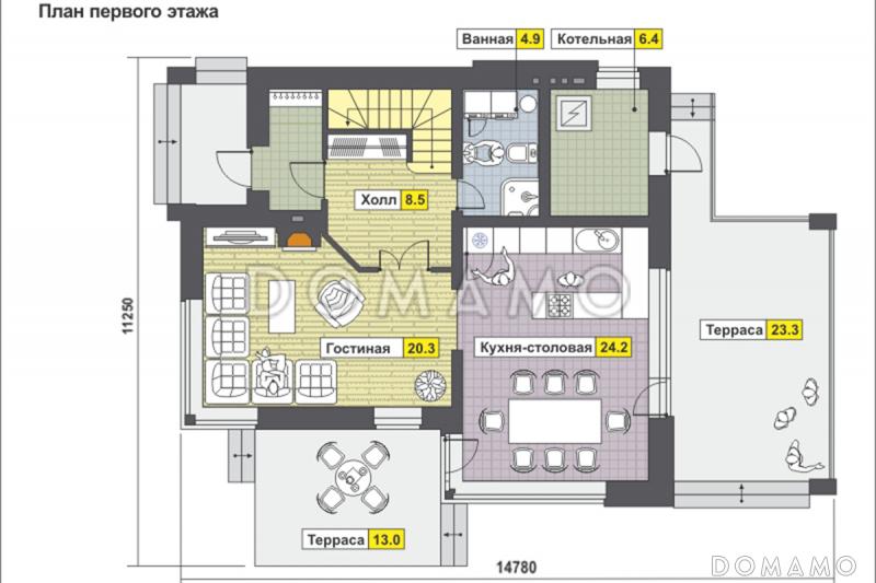 Проект дома с террасами, мансардными окнами, кухней-столовой / План 1 этажа
