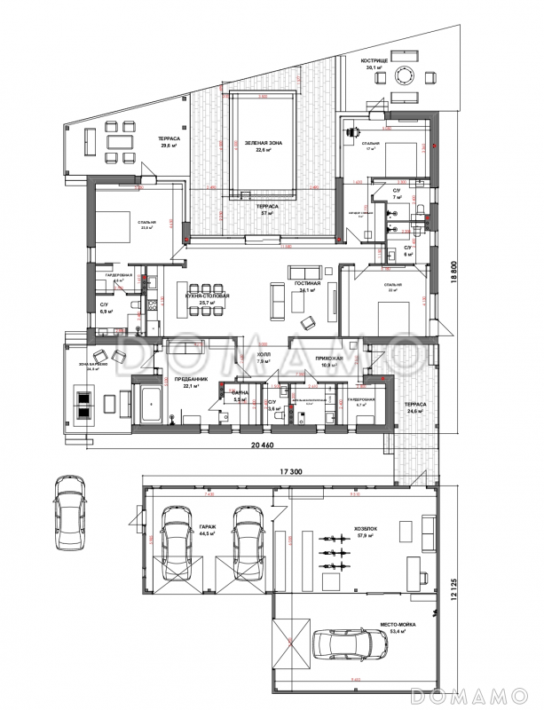 Проект одноэтажного дома с зоной барбекю, сауной и гаражом / План 1 этажа