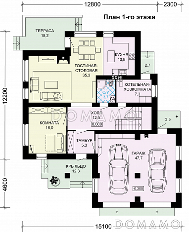 Проект двухэтажного дома из СИП панелей с окнами в пол в гостиной / План 1 этажа
