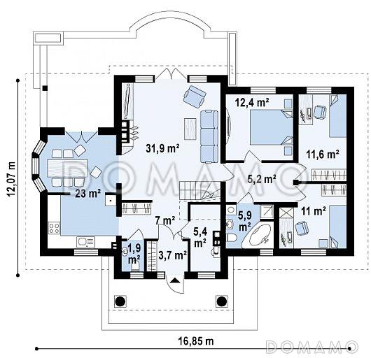 Проект одноэтажного дома из газобетона c эркером в столовой зоне и со свободной планировкой на мансардном этаже / План 1 этажа