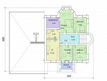 Проект двухэтажного дома с цокольным этажом, гаражом, эркером и террасой / План 2 этажа Проект двухэтажного дома с цокольным этажом, гаражом, эркером и террасой / План 2 этажа