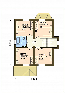 Проект уютного компактного коттеджа с зеленой крышей и панорамным эркером гостиной / План мансардного этажа Проект уютного компактного коттеджа с зеленой крышей и панорамным эркером гостиной / План мансардного этажа