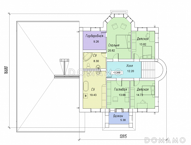 Проект двухэтажного дома с цокольным этажом, гаражом, эркером и террасой / План 2 этажа Проект двухэтажного дома с цокольным этажом, гаражом, эркером и террасой / План 2 этажа