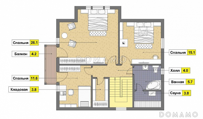 Проект дома из кирпича с отделкой фасадов в стиле фахверк, сауной на мансардном этаже / План мансардного этажа