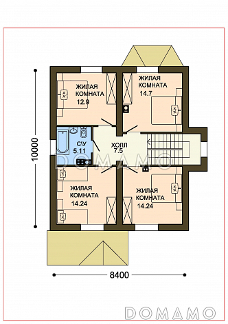 Проект уютного компактного коттеджа с зеленой крышей и панорамным эркером гостиной / План мансардного этажа Проект уютного компактного коттеджа с зеленой крышей и панорамным эркером гостиной / План мансардного этажа