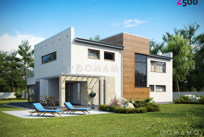 Проект современного двухэтажного дома в стиле хай-тек из газобетона с плоской крышей, гаражом и балконом Проект современного двухэтажного дома в стиле хай-тек из газобетона с плоской крышей, гаражом и балконом