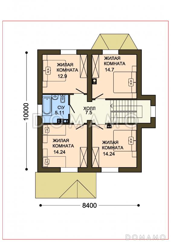 Проект уютного компактного коттеджа с зеленой крышей и панорамным эркером гостиной / План мансардного этажа