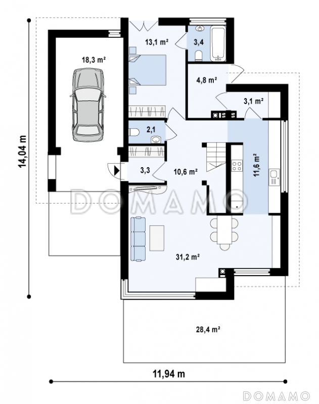 Проект современного двухэтажного дома из кирпича с четырьмя спальнями и пристроенным гаражом / План 1 этажа
