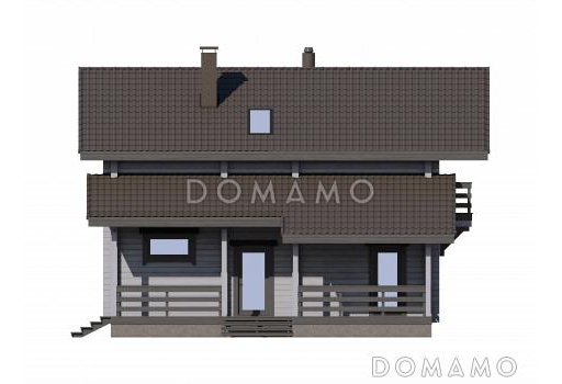 Проект загородного дома с террасой, комнатой на первом этаже, кладовой под лестницей, балконом / Фасад 2
