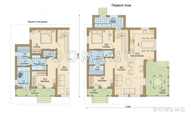 Проект каркасного дома со вторым светом и маленькой сауной / План 1 этажа