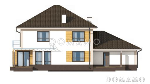 Проект двухэтажного дома из газобетона с эркером и балконом над ним, с тремя спальнями, кабинетом и двухместным гаражом / Фасад 3